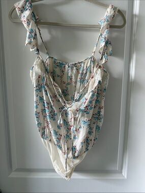 Floral Tie-Front Ivory Blue Women's Bodysuit